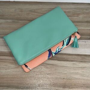 RACHEL PALLY Aqua Tropical Canvas Vegan Faux Leather Zip Pouch Clutch Handbag